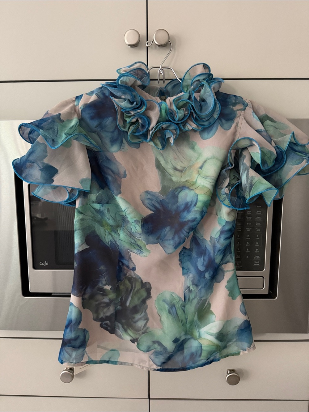 Blue Floral Ruffle Neck Dress